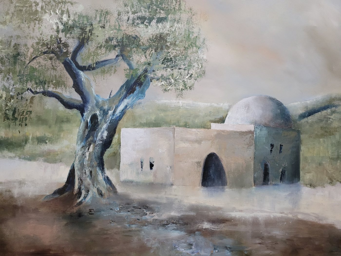 Oil painting by Frayda of Kever Rachel: an olive tree with a blue-grey trunk beside the domed white tomb, in soft sage and sand tones.